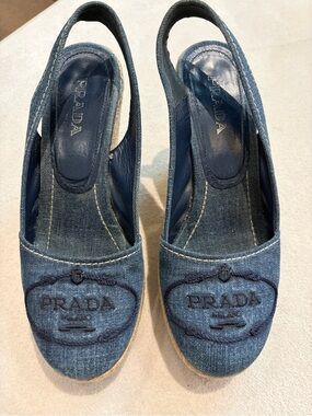 Prada Denim Blue Slingback Espadrille Wedges
